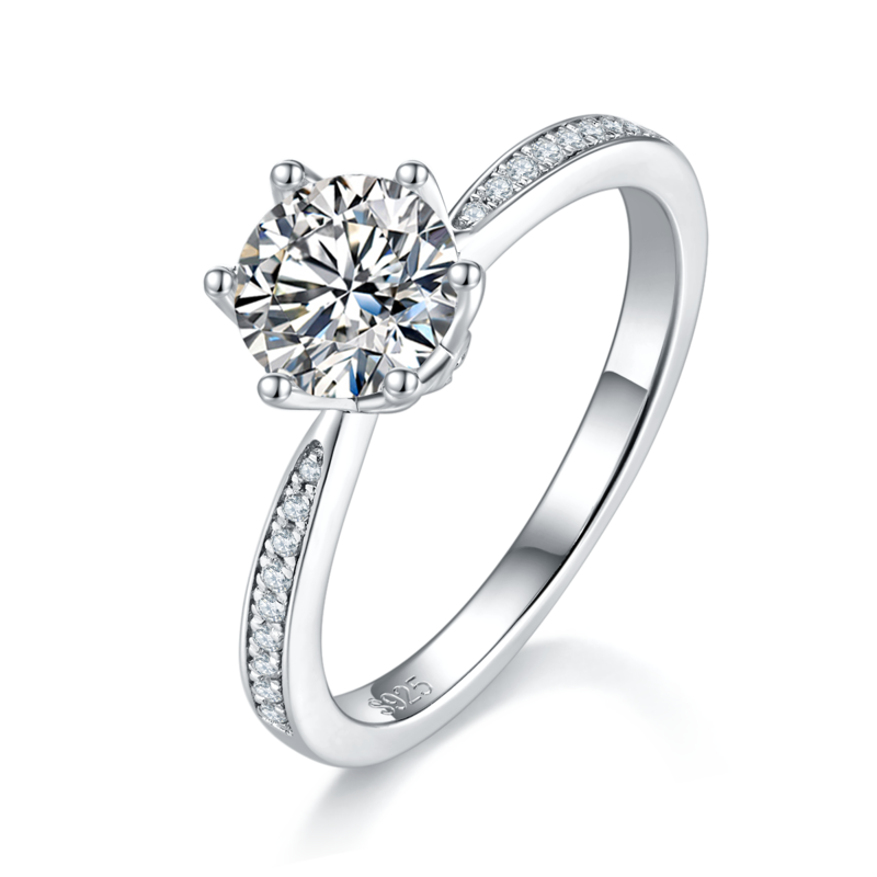 六爪女戒S925银镀白金定制选款主石莫桑钻1.0ct/副石高碳钻
