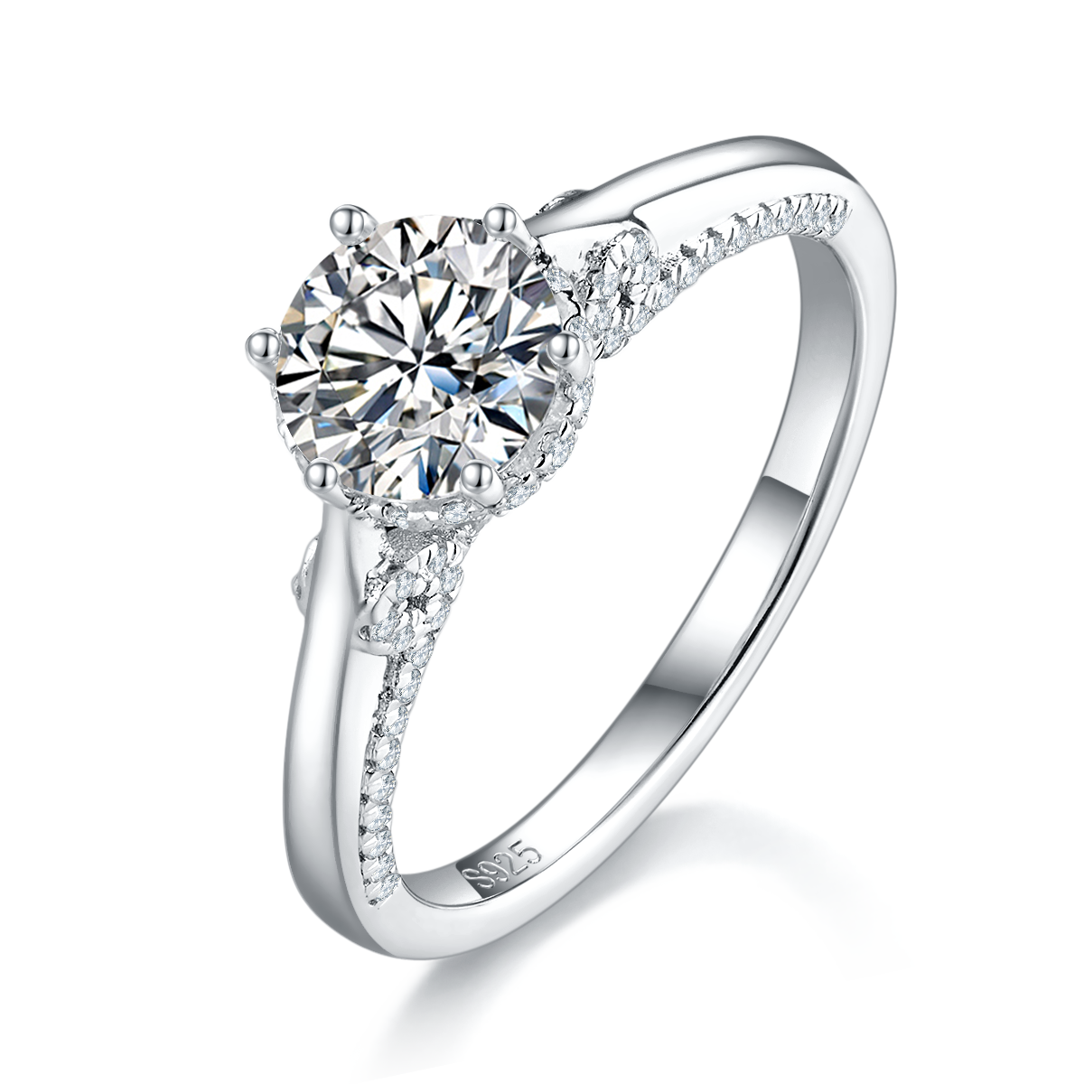 单头女戒S925银镀白金女戒定制选款主石莫桑钻1.0ct/副石高碳钻