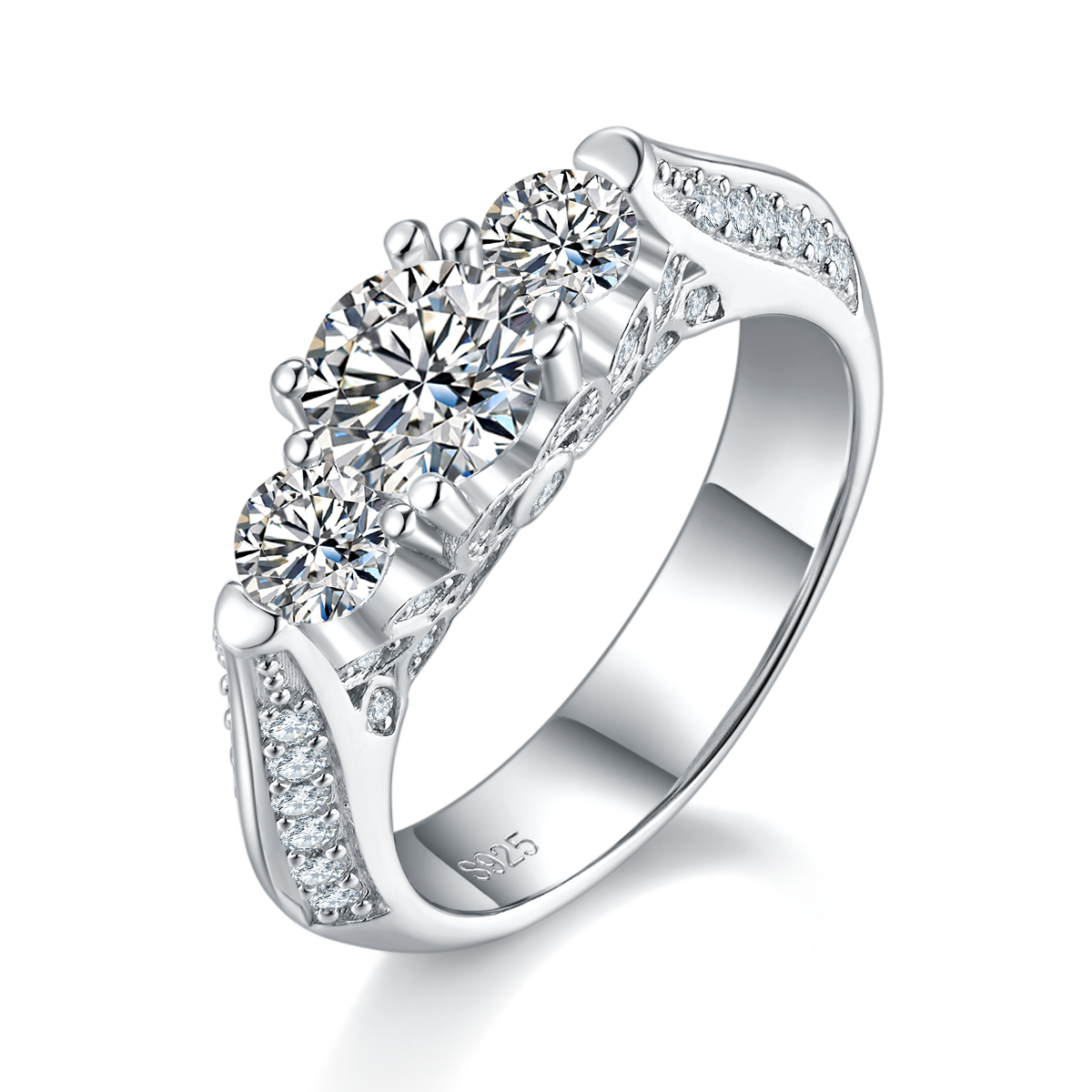 三石女戒S925银镀白金定制选款主石莫桑钻0.8ct/副石高碳钻
