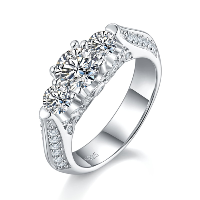 三石Women's RingS925银镀白金定制选款主石Moissanite0.8ct/副石高碳钻