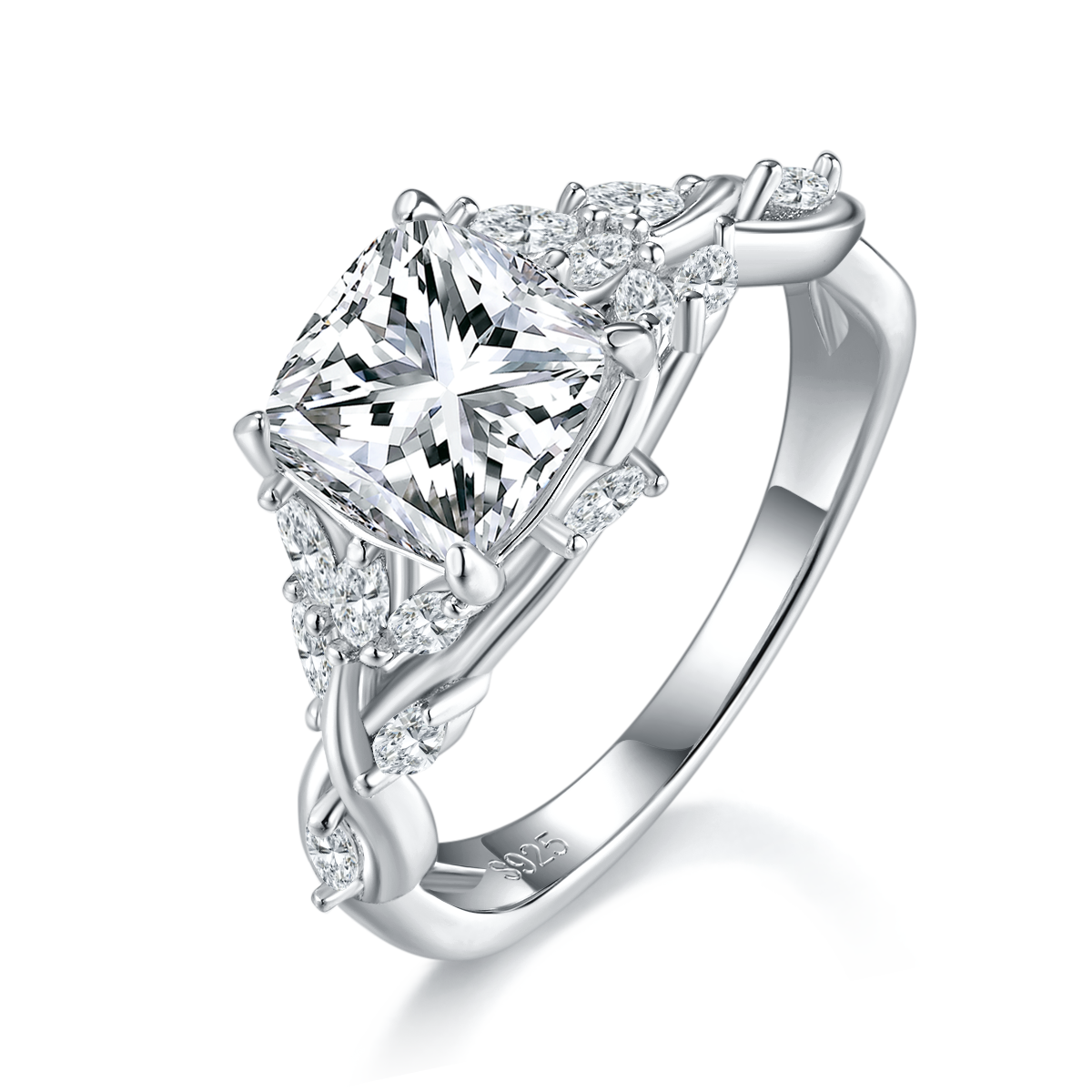 枕形女戒S925银镀白金定制选款主石莫桑钻2.5ct/副石高碳钻