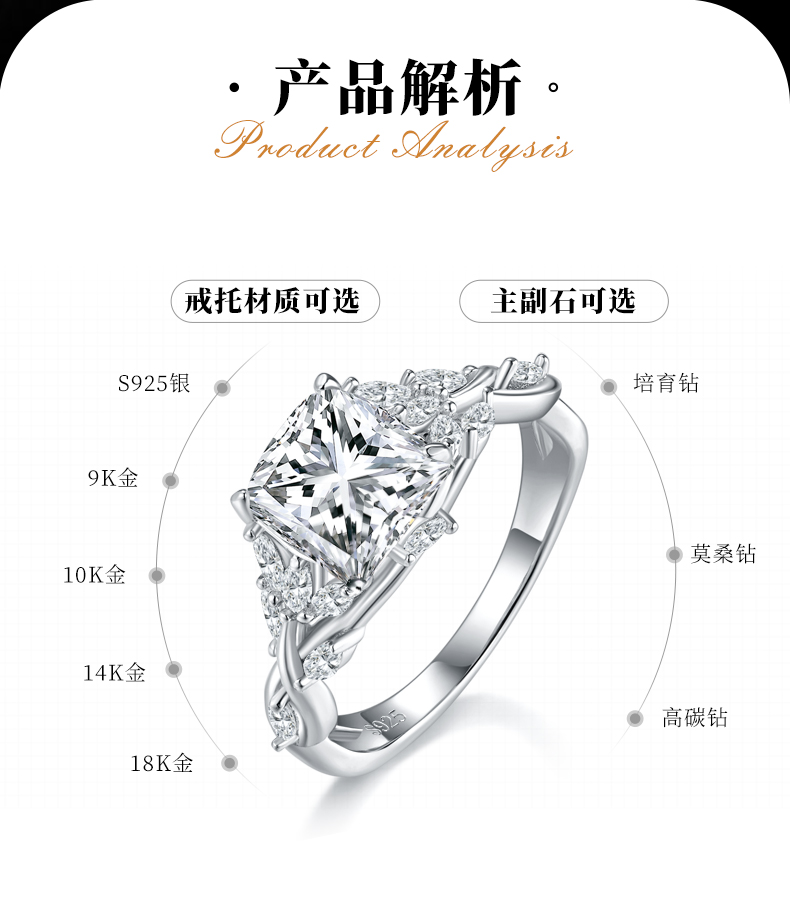 枕形女戒S925银镀白金定制选款主石莫桑钻2.5ct/副石高碳钻 - 2