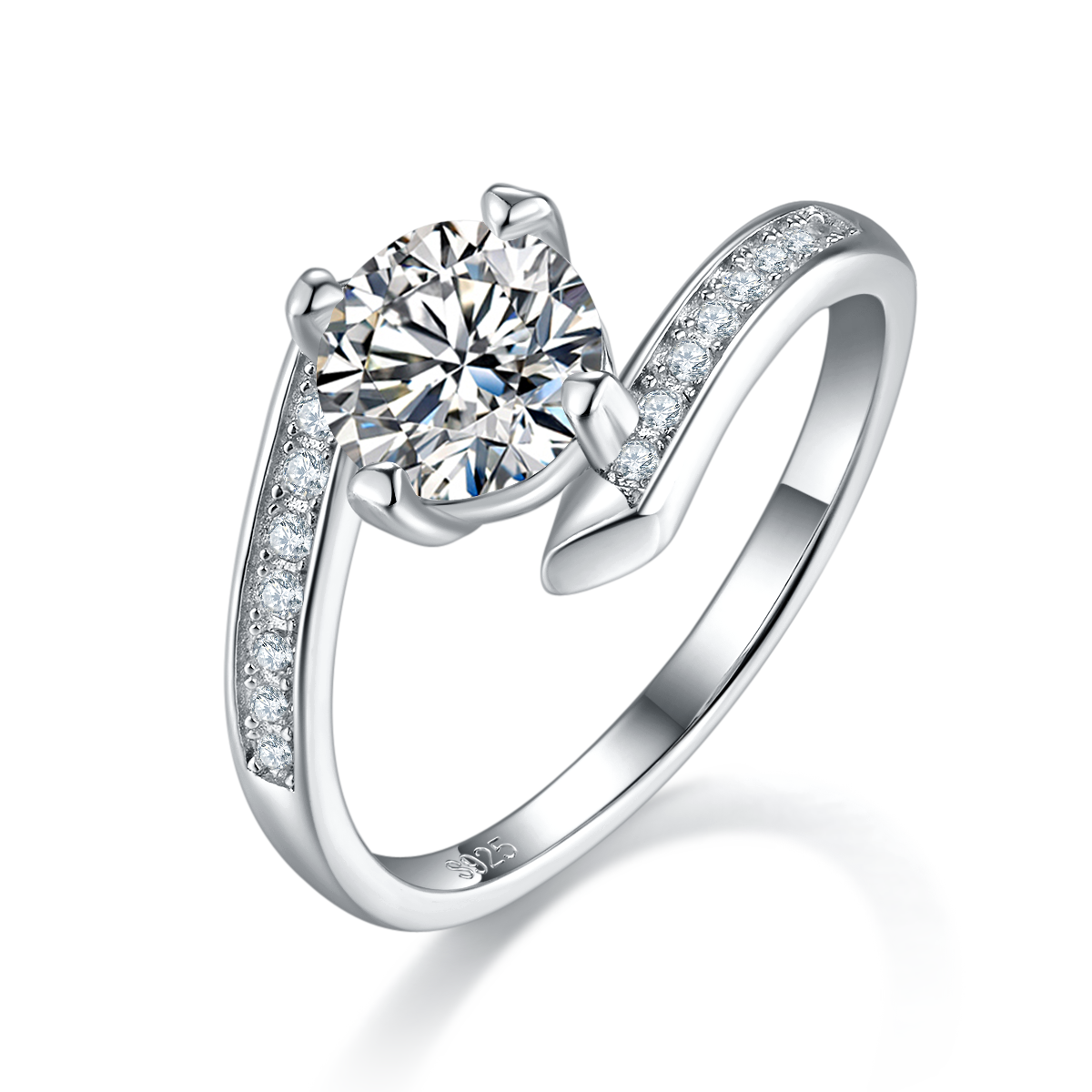 扭臂心形四爪圆钻女戒S925银镀白金定制选款主石莫桑钻1.0ct/副石高碳钻