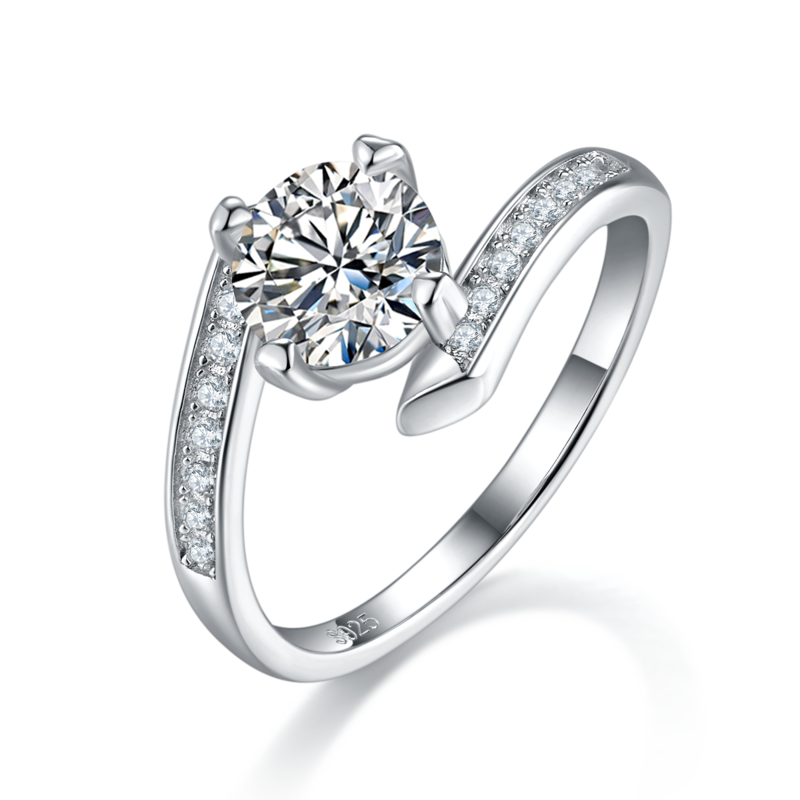 扭臂心形四爪圆钻Women's RingS925银镀白金定制选款主石Moissanite1.0ct/副石高碳钻
