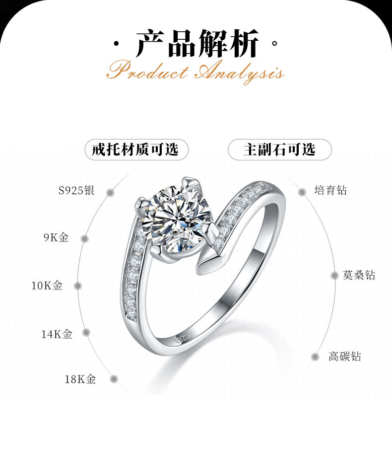 扭臂心形四爪圆钻女戒S925银镀白金定制选款主石莫桑钻1.0ct/副石高碳钻 - 2