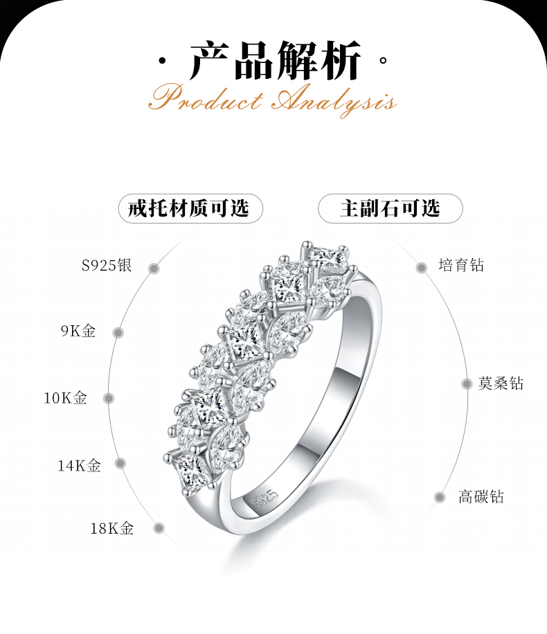 排戒S925银镀白金女戒定制选款副石莫桑钻1.1ct - 2