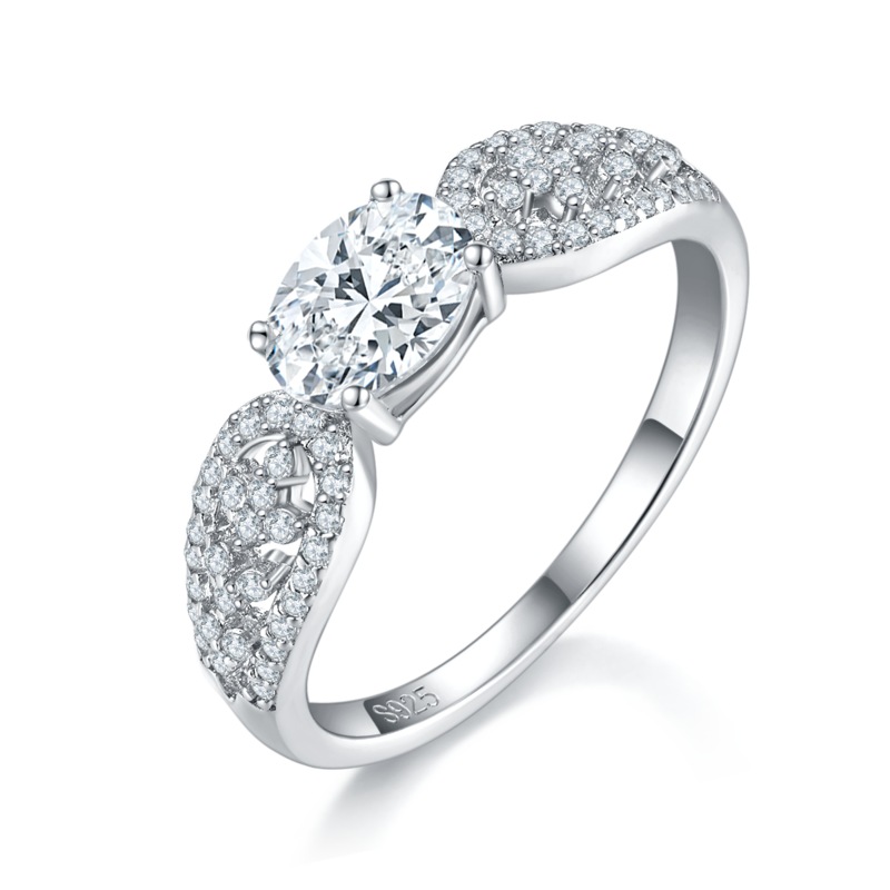 蛋形女戒S925银镀白金定制选款主石莫桑钻1.0ct/副石高碳钻