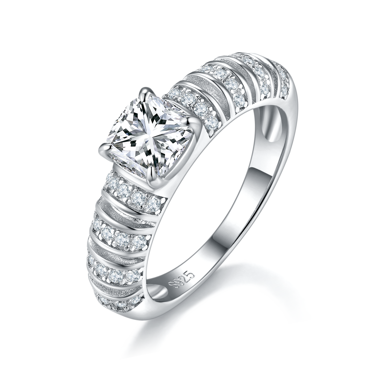 枕形女戒S925银镀白金定制选款主石莫桑钻1.0ct/副石高碳钻