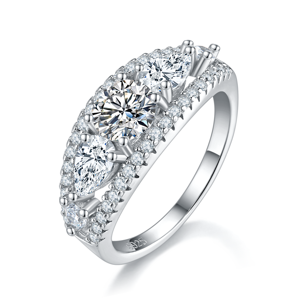 Full Diamond Three Stone Women's Ring S925 Silver Plated Platinum Customized Selection Main Stone Moissanite Diamond 0.8ct/Secondary Stone High Carbon Diamond