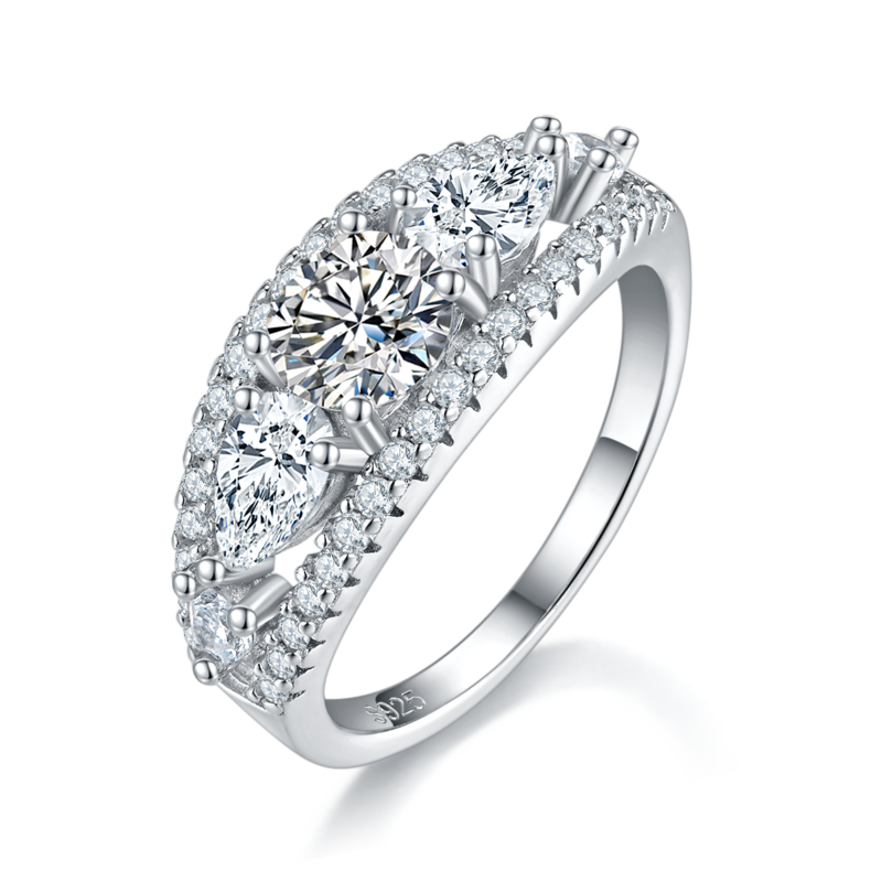 满钻三石Women's RingS925银镀白金定制选款主石Moissanite0.8ct/副石高碳钻