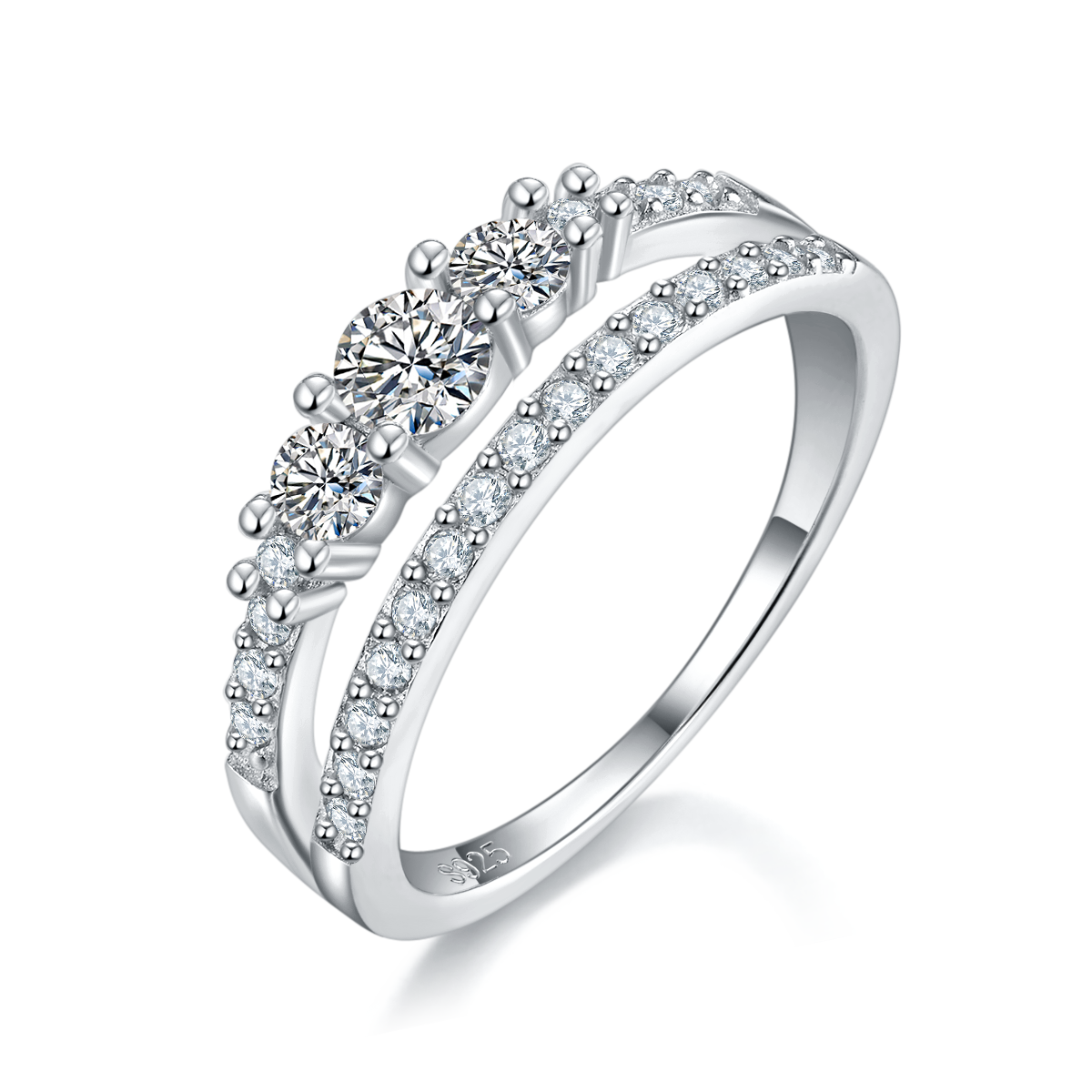 排戒S925银镀白金女戒定制选款副石莫桑钻0.3ct