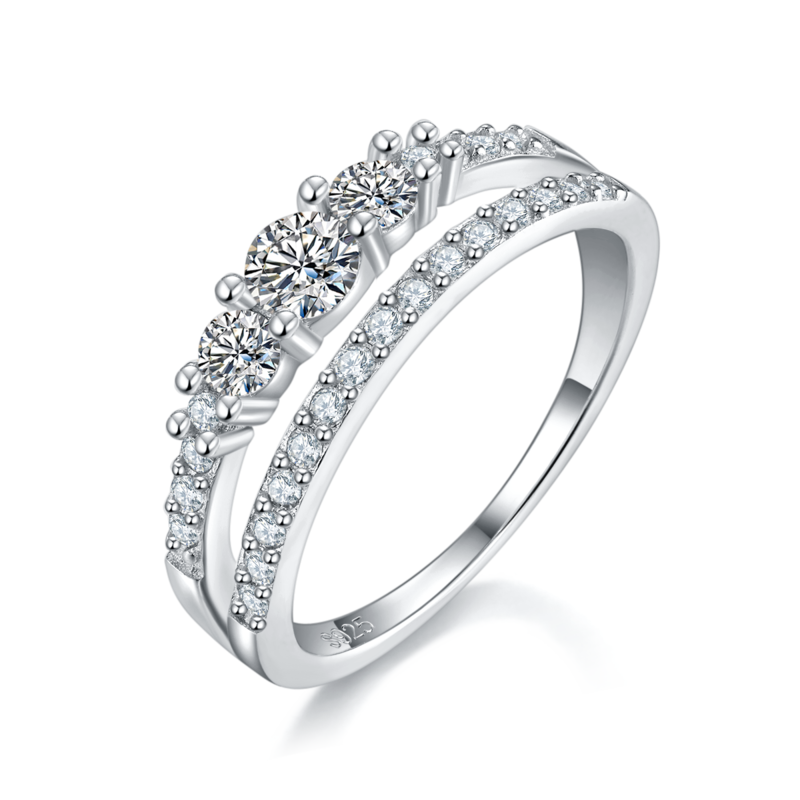 排戒S925银镀白金女戒定制选款副石莫桑钻0.3ct