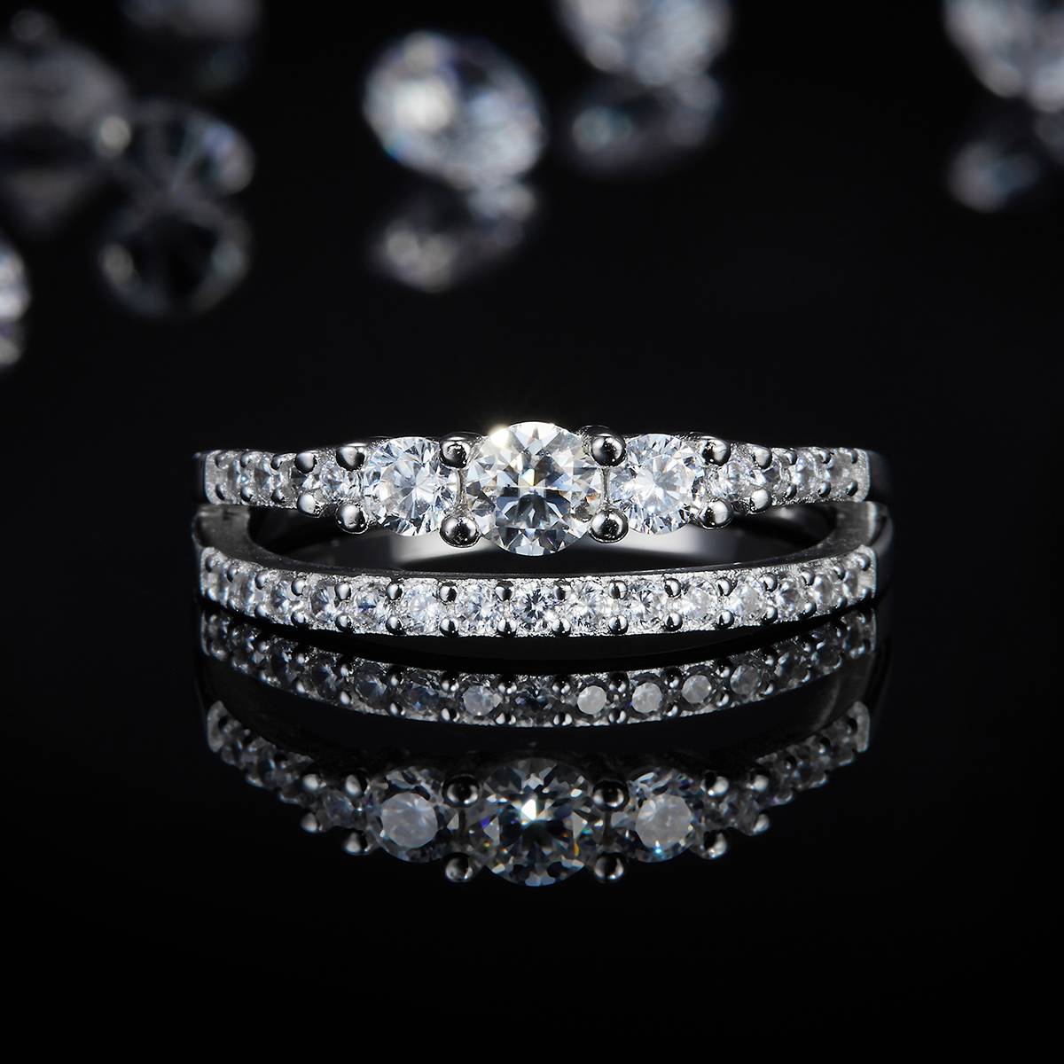 排戒S925银镀白金女戒定制选款副石莫桑钻0.3ct