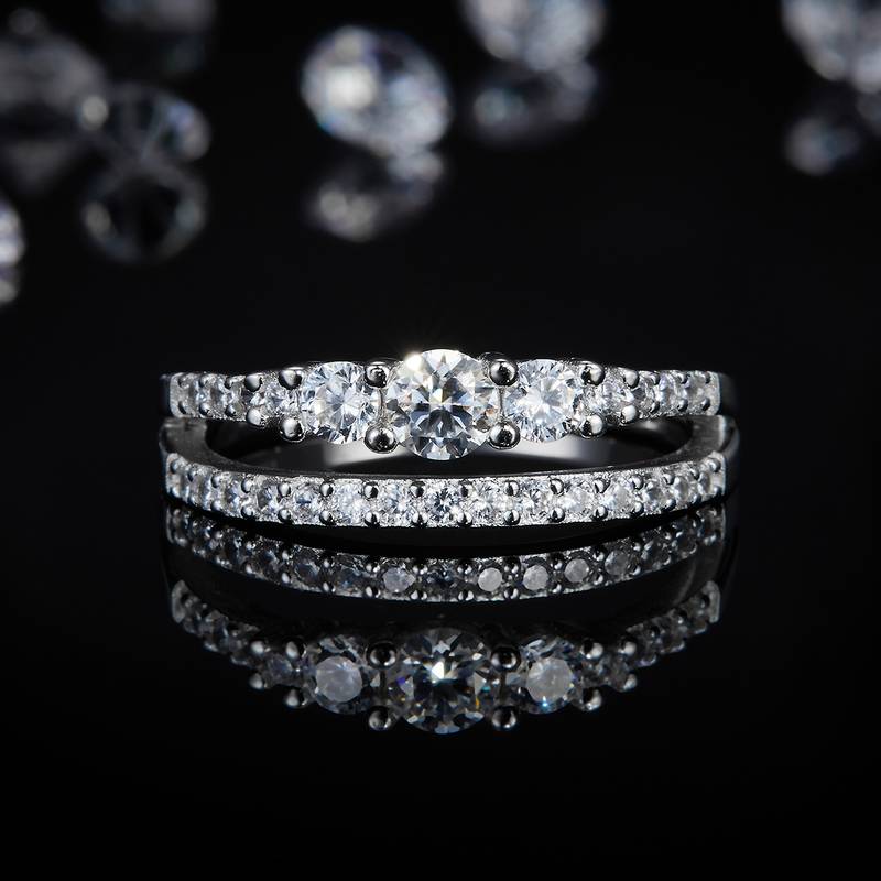 排戒S925银镀白金女戒定制选款副石莫桑钻0.3ct