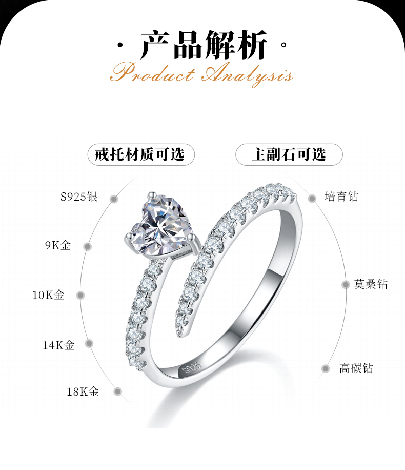 心形女戒S925银镀白金定制选款主石莫桑钻0.8ct/副石高碳钻 - 2