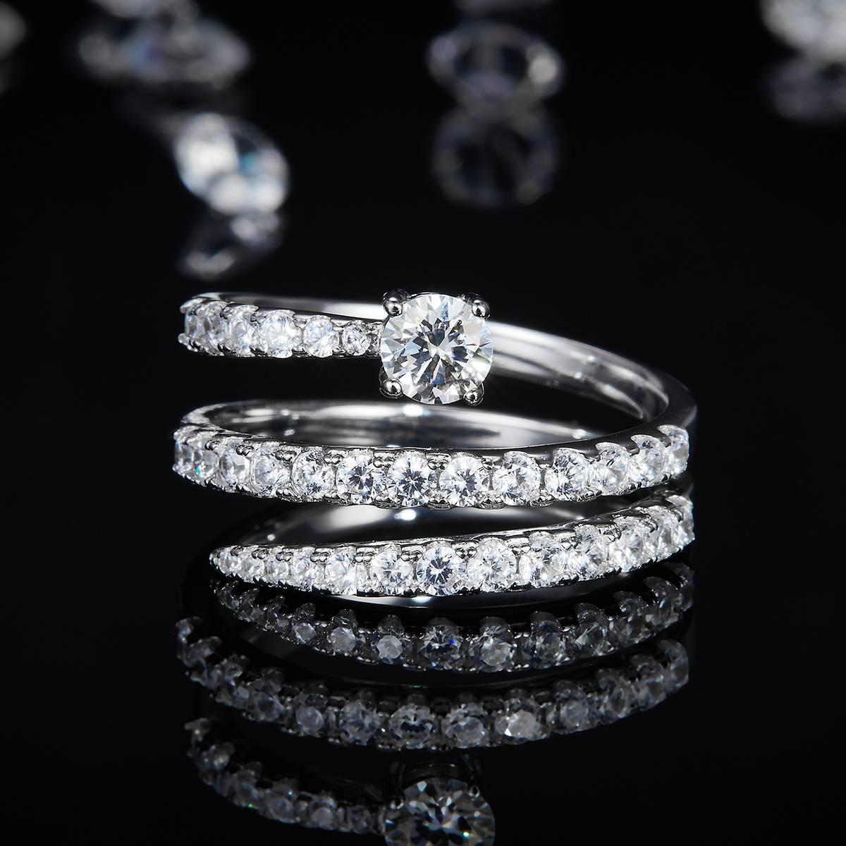 Snake Ring Four Claw Round Diamond Women's Ring S925 Silver Plated Platinum Customized Selection Main Stone Moissanite Diamond 0.4ct/Secondary Stone High Carbon Diamond