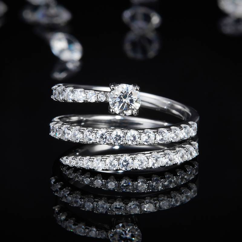 蛇戒四爪圆钻Women's RingS925银镀白金定制选款主石Moissanite0.4ct/副石高碳钻