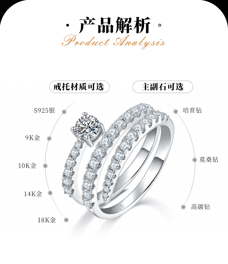 蛇戒四爪圆钻女戒S925银镀白金定制选款主石莫桑钻0.4ct/副石高碳钻 - 2