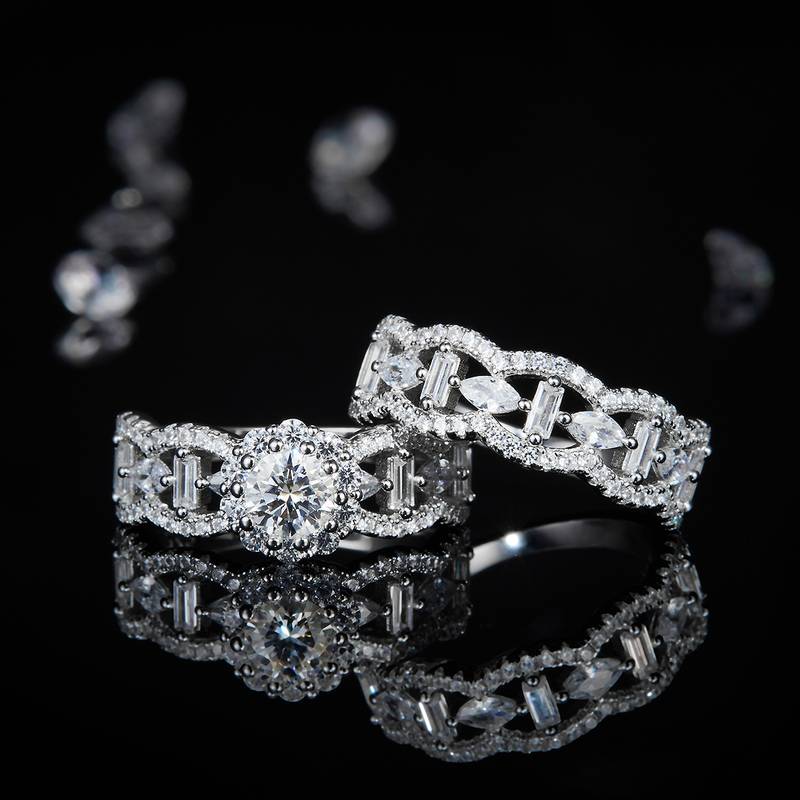 S925银镀白金主副套戒叠戴Women's Ring定制选款主石Moissanite0.5ct/副石高碳钻