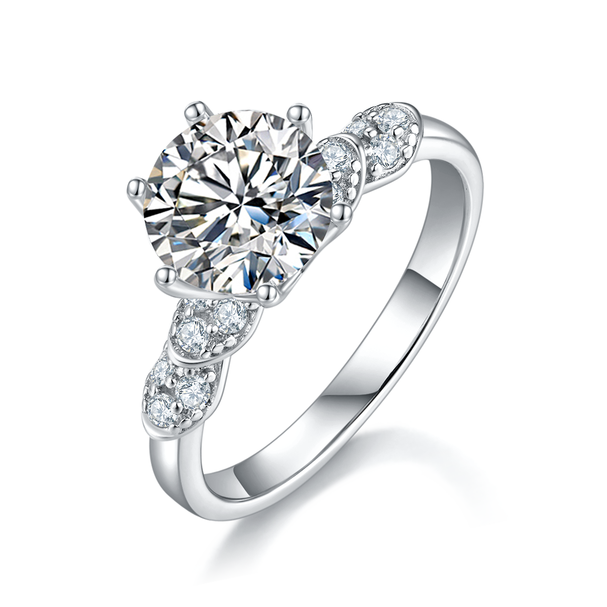 六爪女戒S925银镀白金定制选款主石莫桑钻2.0ct/副石高碳钻