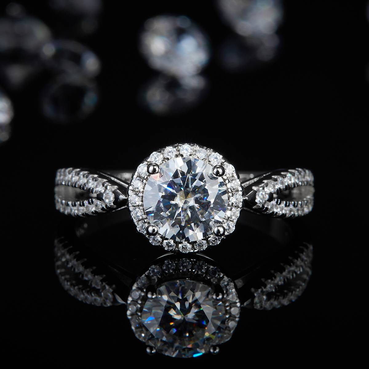 Light Luxury Round Bag Women's Ring S925 Silver Plated Platinum Customized Selection Main Stone Moissanite Diamond 1.0ct/Secondary Stone High Carbon Diamond