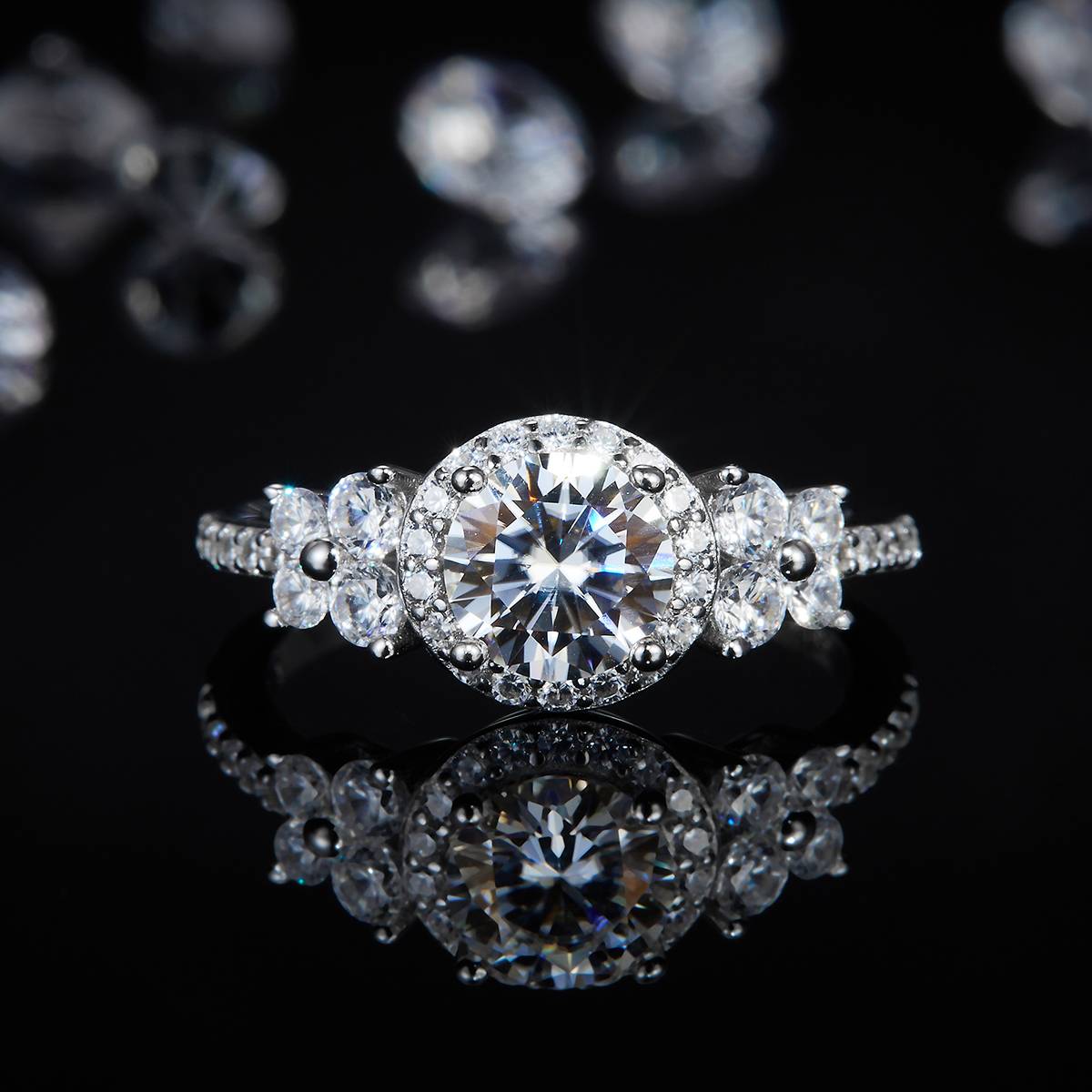 Light Luxury Round Bag Women's Ring S925 Silver Plated Platinum Customized Selection Main Stone Moissanite Diamond 1.0ct/Secondary Stone High Carbon Diamond