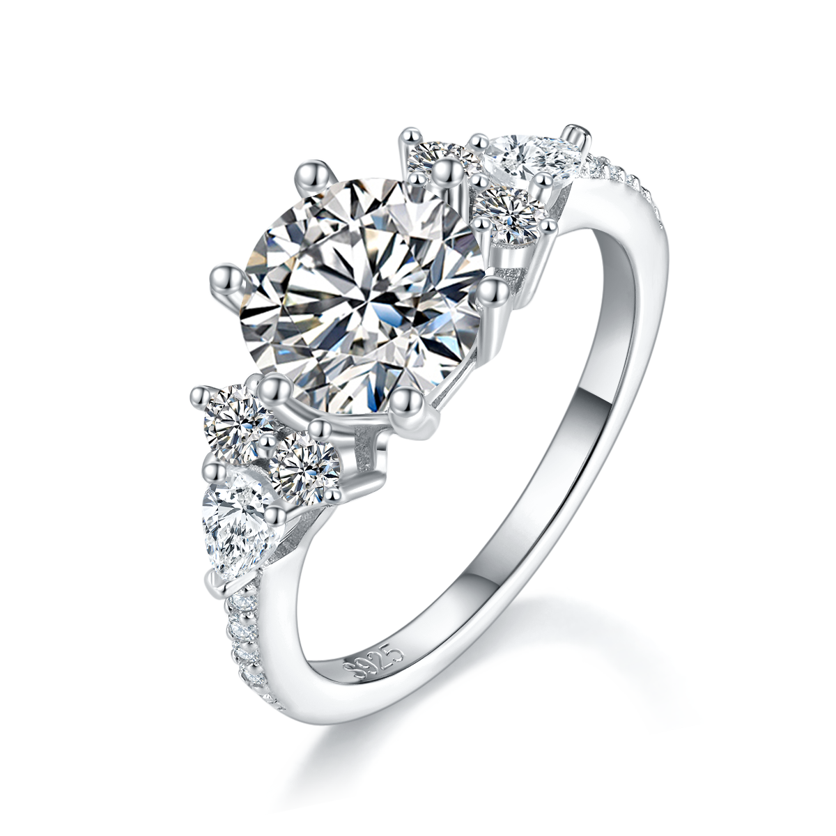 Three Stone Women's Ring S925 Silver Plated Platinum Customized Selection Main Stone Moissanite Diamond 2.0ct/Secondary Stone High Carbon Diamond