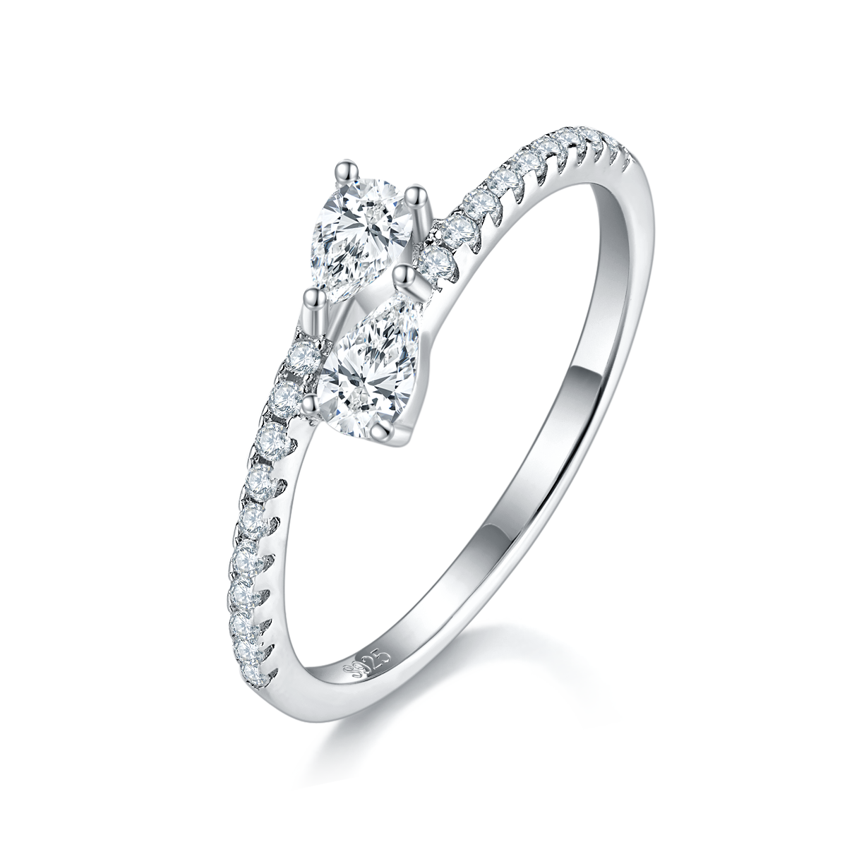水滴女戒S925银镀白金定制选款主石莫桑钻0.7ct/副石高碳钻