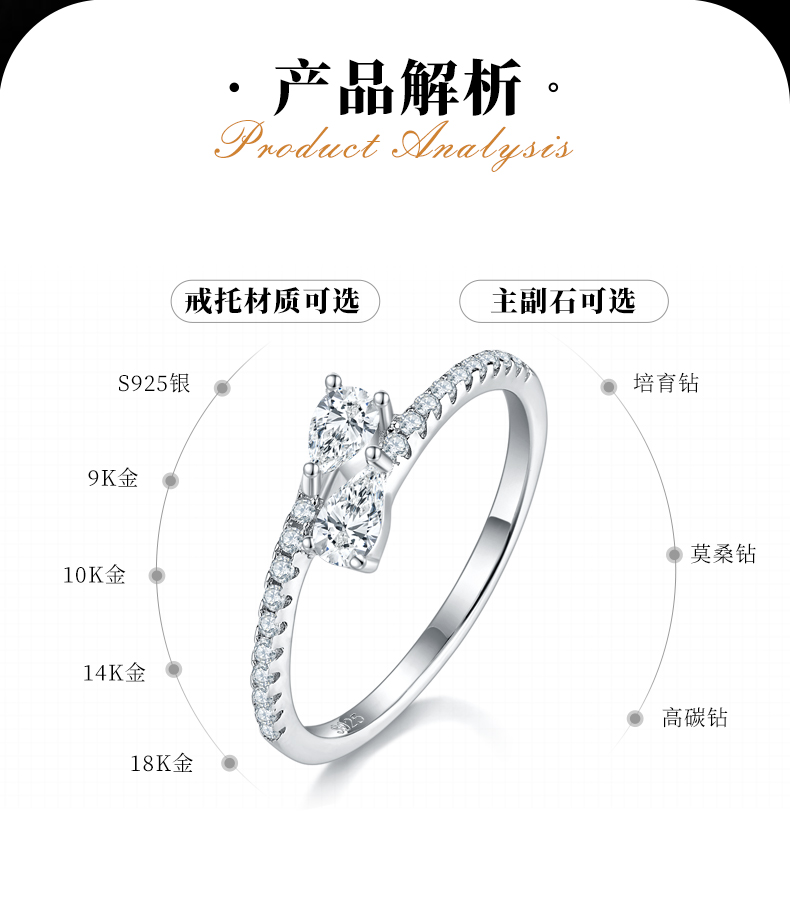 水滴女戒S925银镀白金定制选款主石莫桑钻0.7ct/副石高碳钻 - 2