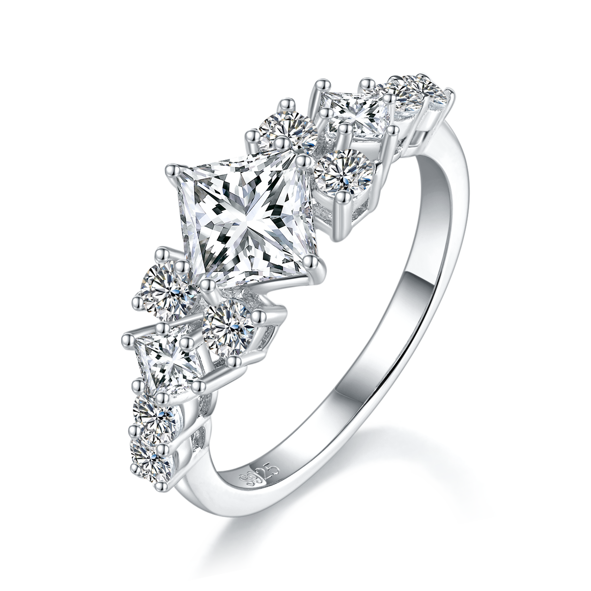 Princess Fang Women's Ring S925 Silver Plated Platinum Customized Selection Main Stone Moissanite Diamond 1.2ct/Secondary Stone High Carbon Diamond