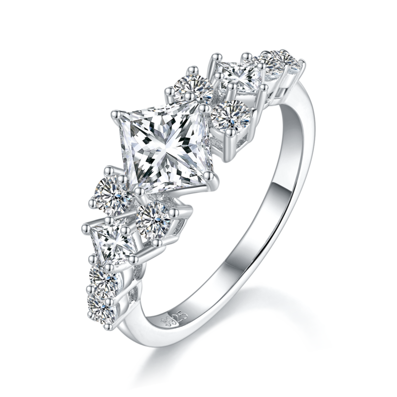 公主方Women's RingS925银镀白金定制选款主石Moissanite1.2ct/副石高碳钻