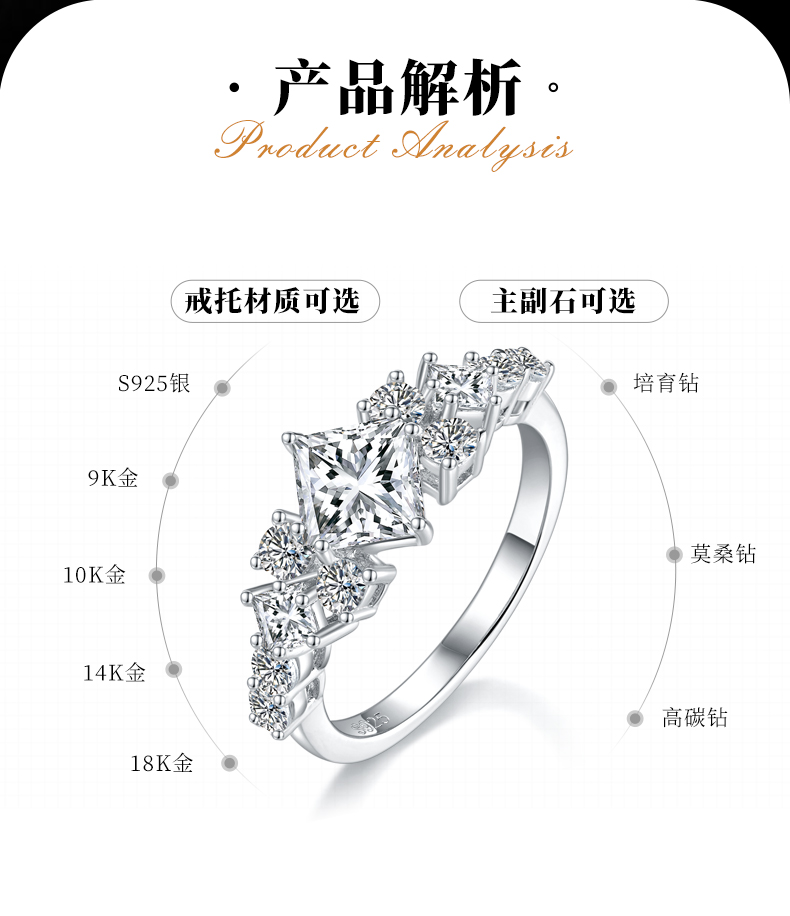 公主方女戒S925银镀白金定制选款主石莫桑钻1.2ct/副石高碳钻 - 2