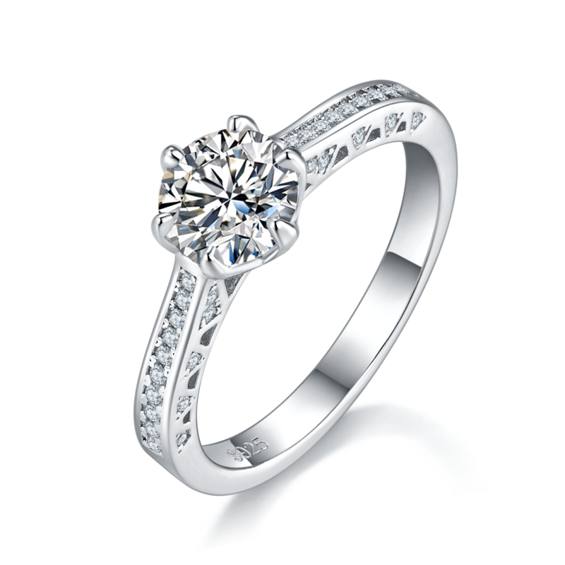 单头Women's RingS925银镀白金定制选款主石Moissanite1.0ct/副石高碳钻