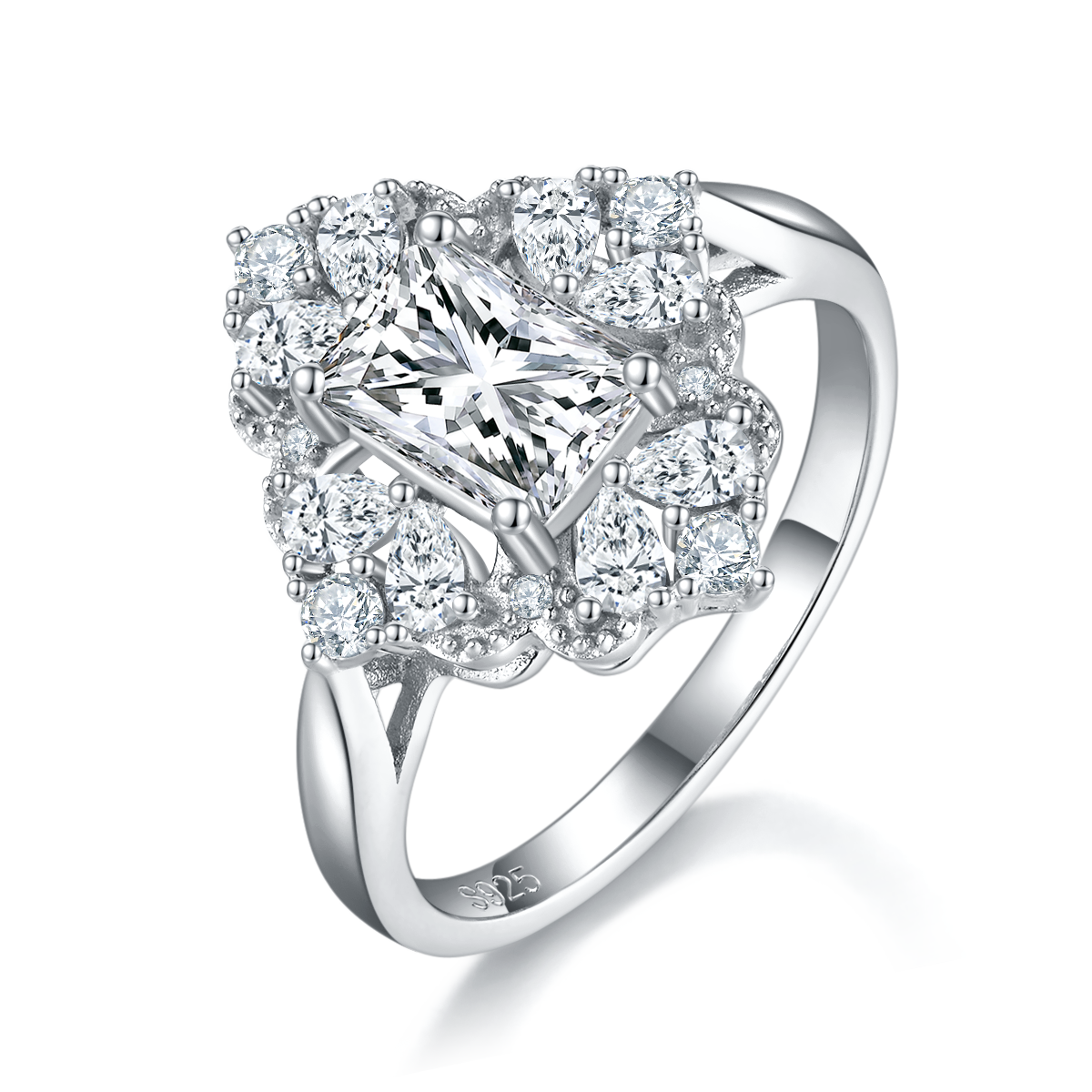 Emerald Cut Luxury Women's Ring S925 Silver Plated Platinum Customized Selection Main Stone Moissanite Diamond 1.0ct/Secondary Stone High Carbon Diamond