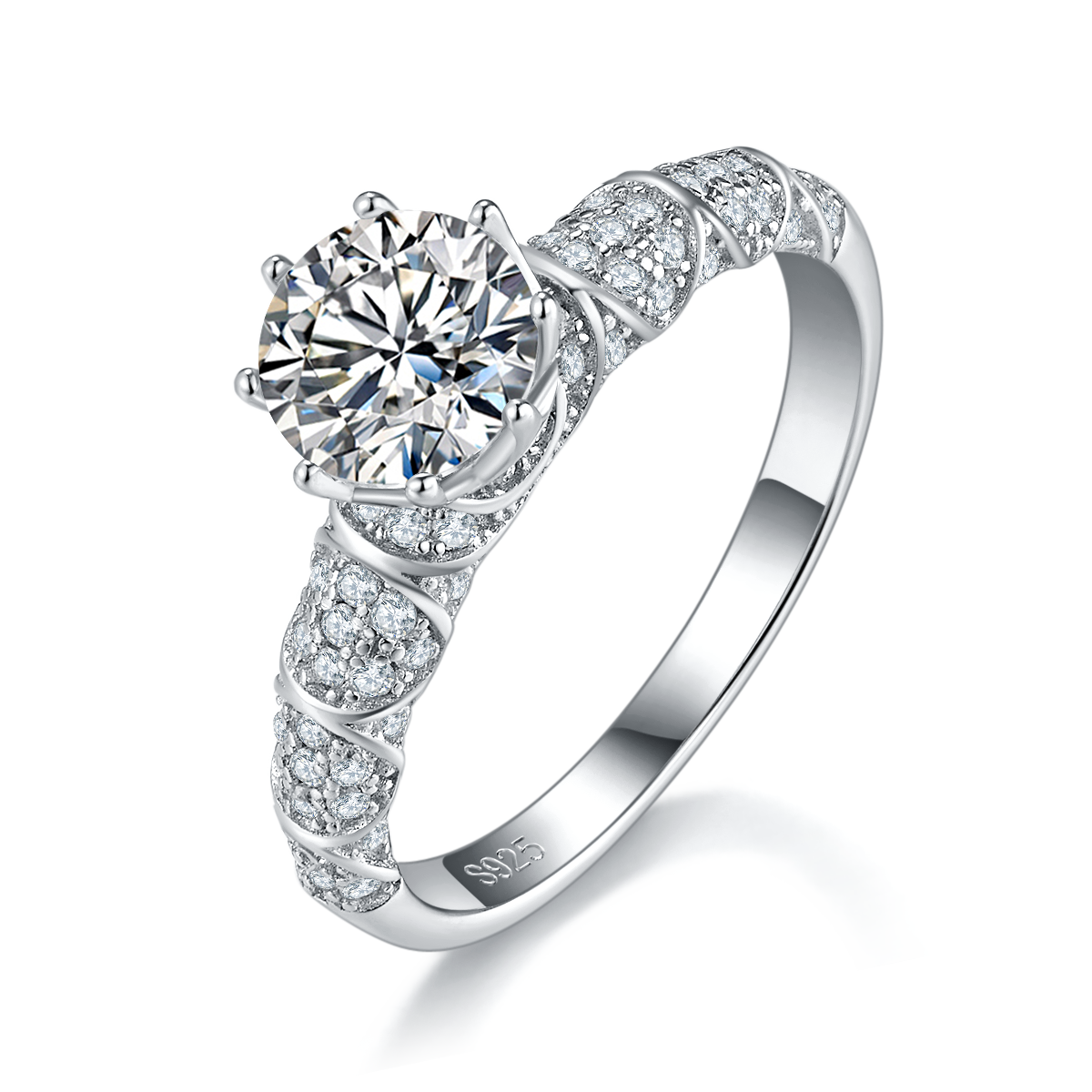 轻奢六爪女戒S925银镀白金定制选款主石莫桑钻1.0ct/副石高碳钻