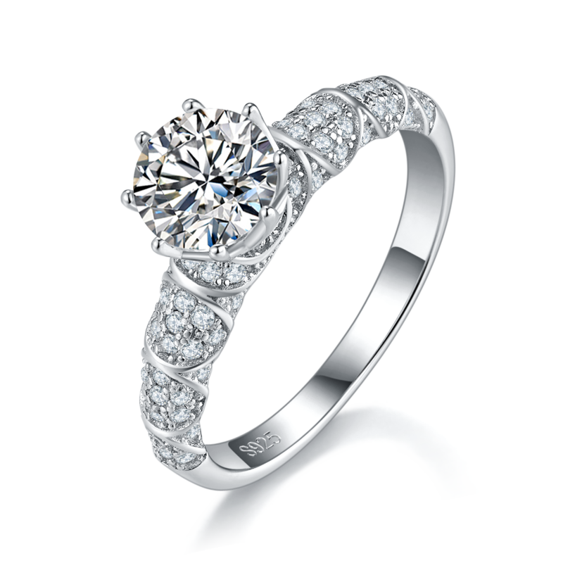 轻奢六爪女戒S925银镀白金定制选款主石莫桑钻1.0ct/副石高碳钻
