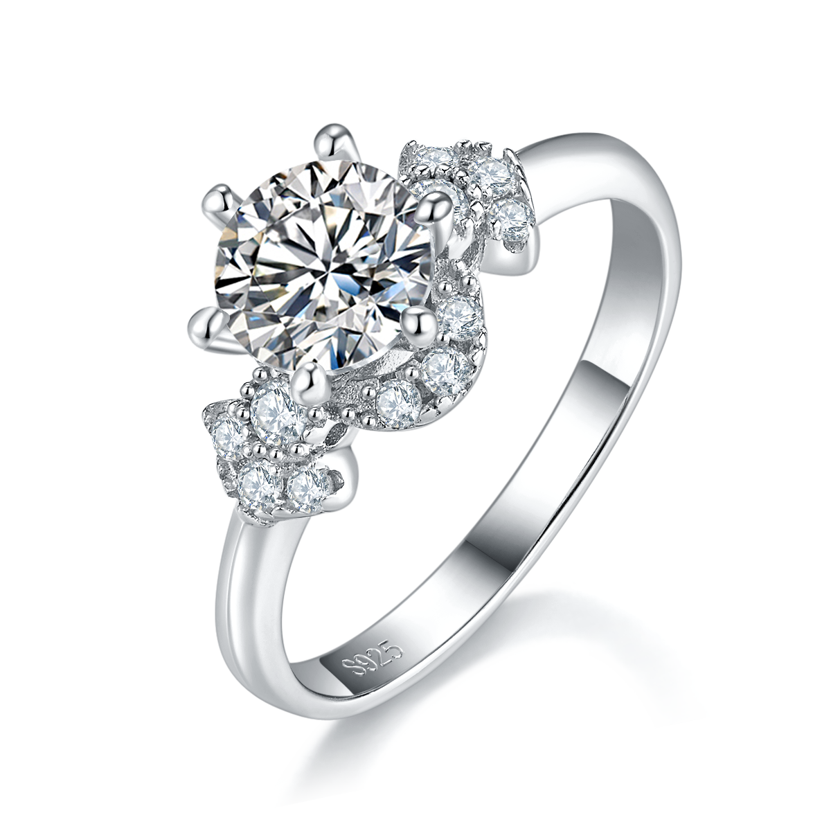 六爪女戒S925银镀白金定制选款主石莫桑钻1.0ct/副石高碳钻