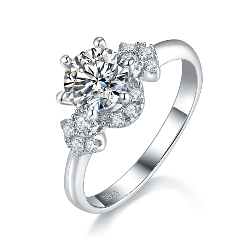 六爪Women's RingS925银镀白金定制选款主石Moissanite1.0ct/副石高碳钻
