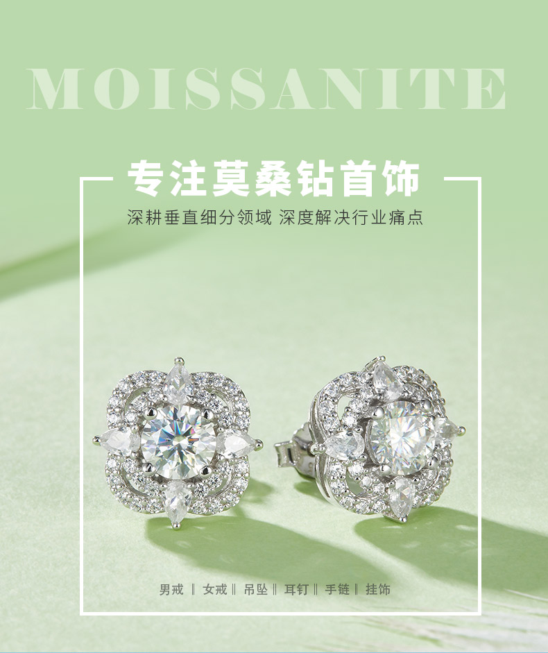 E221205026款S925银镀18K白金耳环莫桑钻主石5.0mm/1.0CT - 1