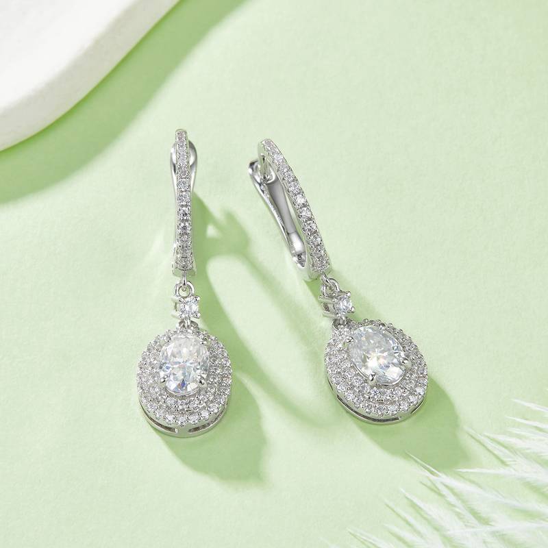 E230202015款S925银镀18K白金耳环蛋形Moissanite主石7*5mmmm/2.0ct
