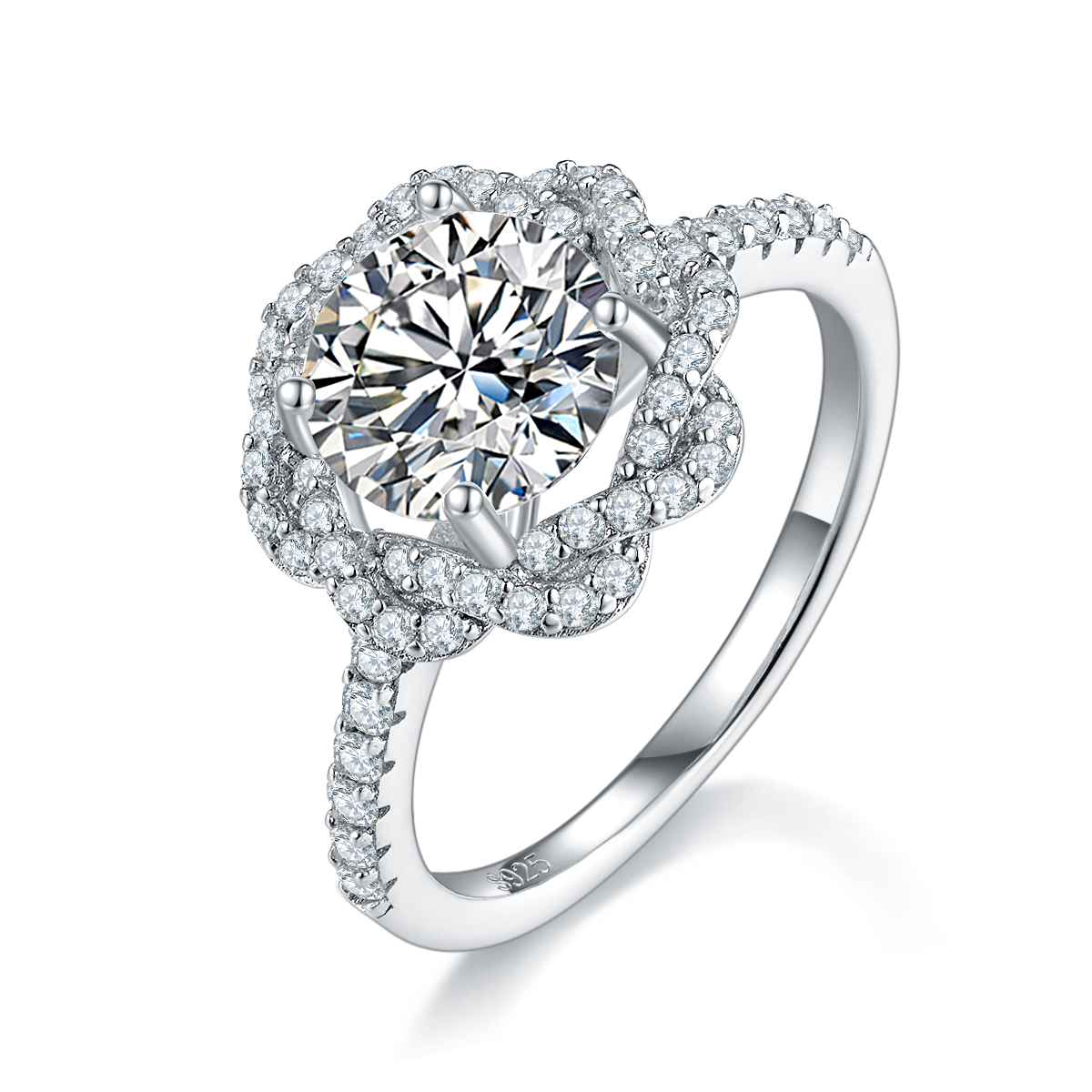 Light Luxury Full Diamond Women's Ring S925 Silver Plated Platinum Customized Selection Main Stone Moissanite Diamond 2.0ct/Secondary Stone High Carbon Diamond