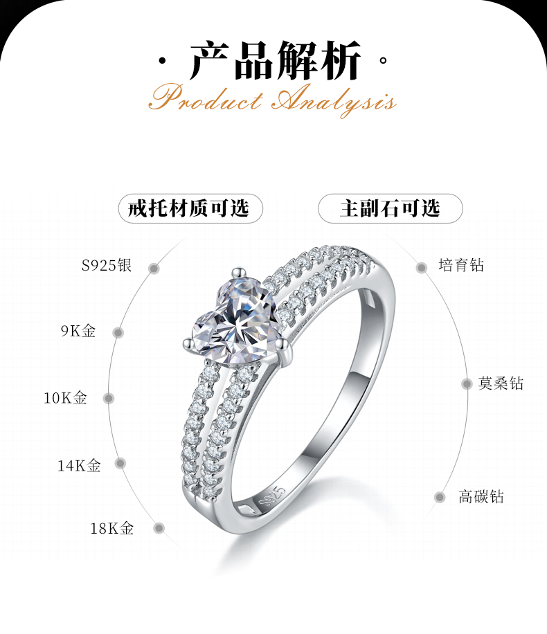 心形女戒S925银镀白金定制选款主石莫桑钻0.8ct/副石高碳钻 - 2