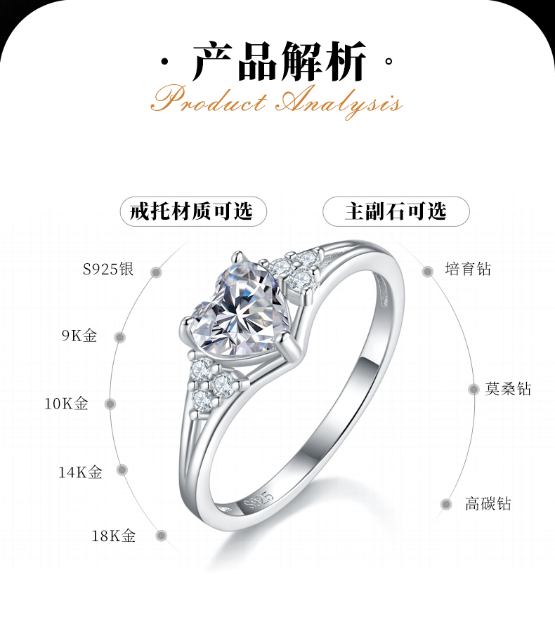心形女戒S925银镀白金定制选款主石莫桑钻0.8ct/副石高碳钻 - 2