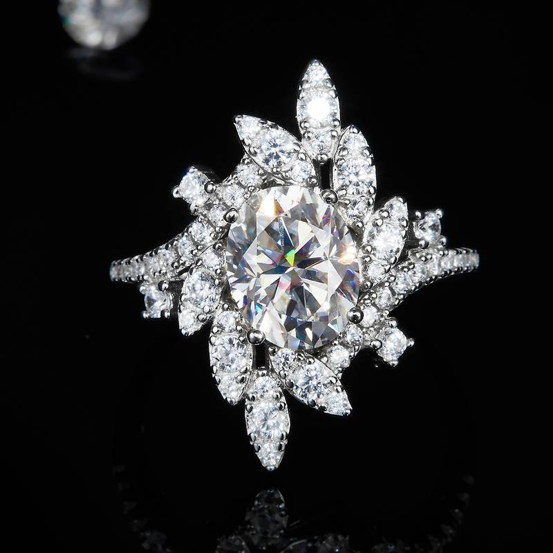 蛋形豪华Women's RingS925银镀白金定制选款主石Moissanite2.0ct/副石高碳钻