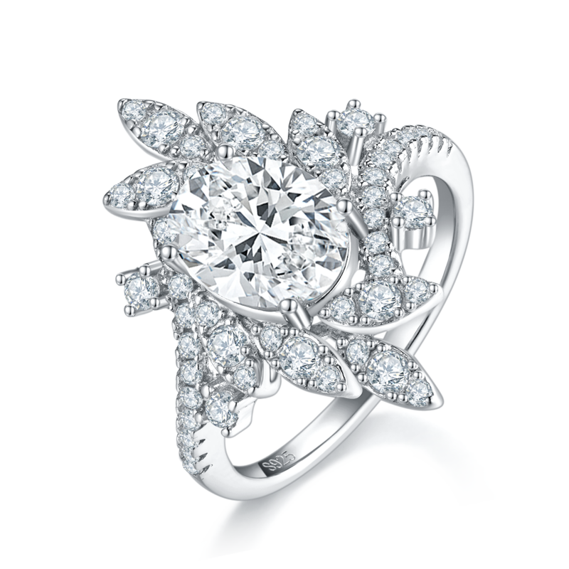 蛋形豪华Women's RingS925银镀白金定制选款主石Moissanite2.0ct/副石高碳钻