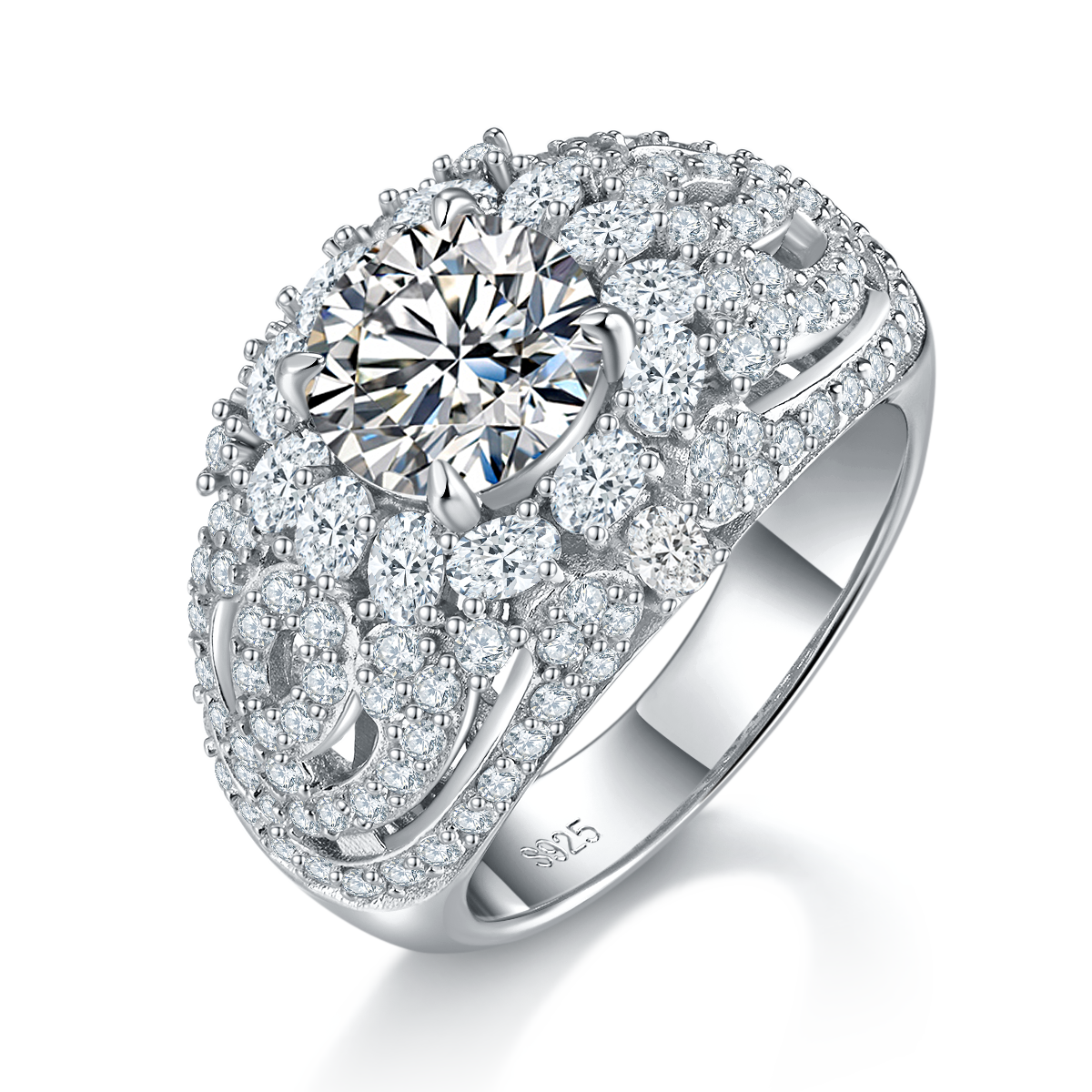 Light Luxury Full Diamond Women's Ring S925 Silver Plated Platinum Customized Selection Main Stone Moissanite Diamond 2.0ct/Secondary Stone High Carbon Diamond