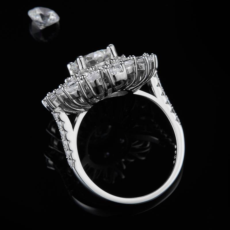 豪华太阳花Women's RingS925银镀白金定制选款主石Moissanite2.0ct/副石高碳钻