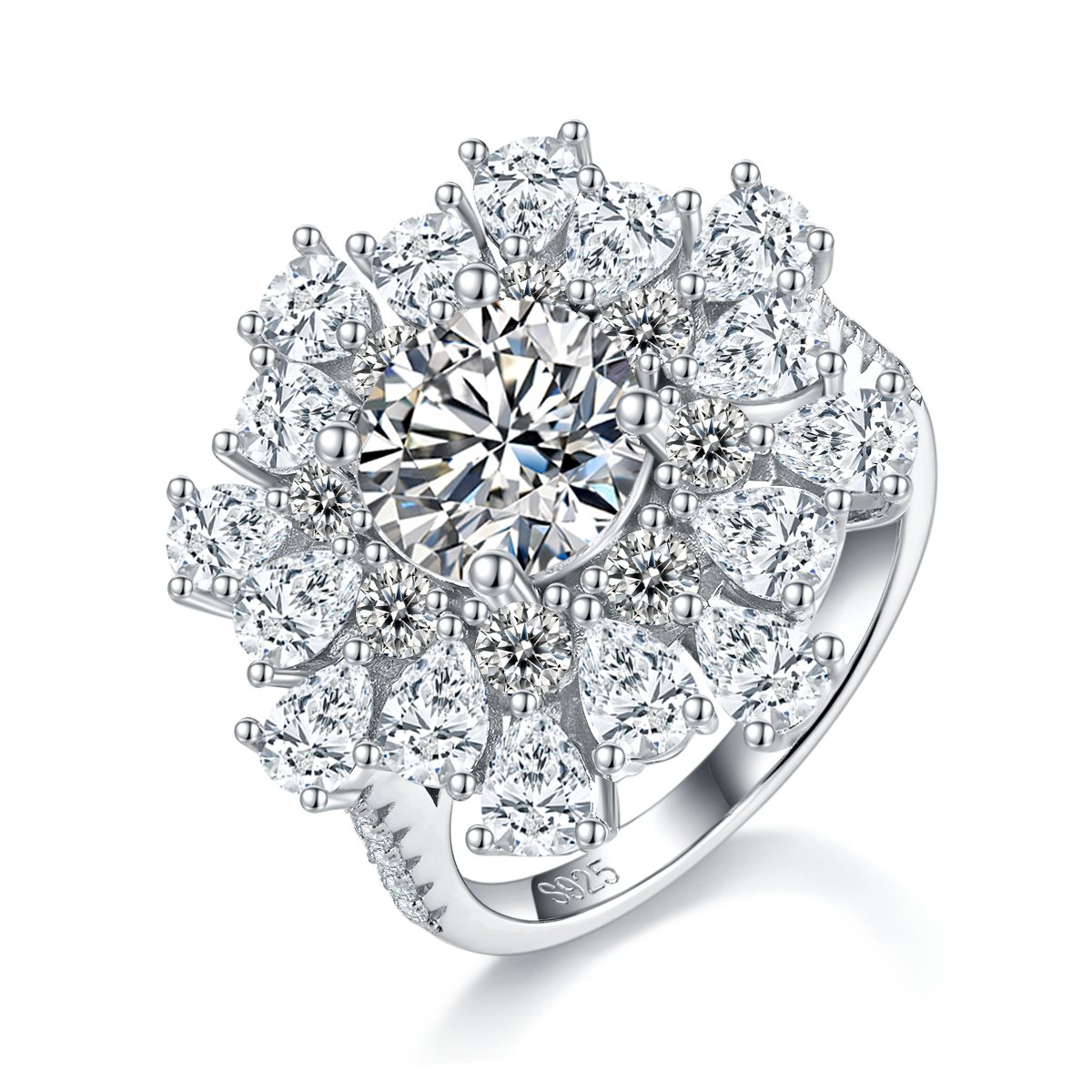 Luxury Sunflower Women's Ring S925 Silver Plated Platinum Customized Selection Main Stone Moissanite Diamond 2.0ct/Secondary Stone High Carbon Diamond