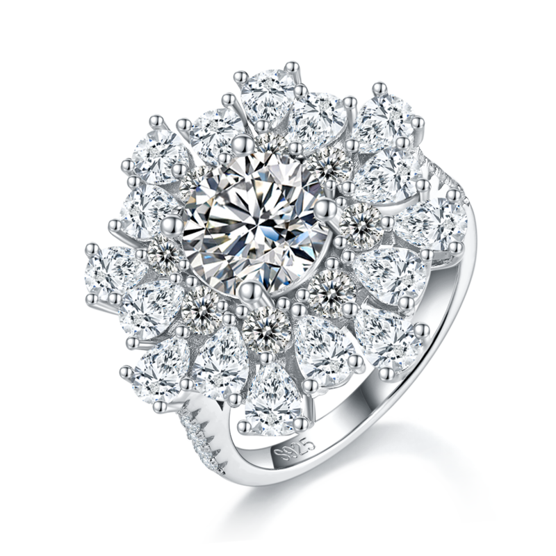 豪华太阳花Women's RingS925银镀白金定制选款主石Moissanite2.0ct/副石高碳钻