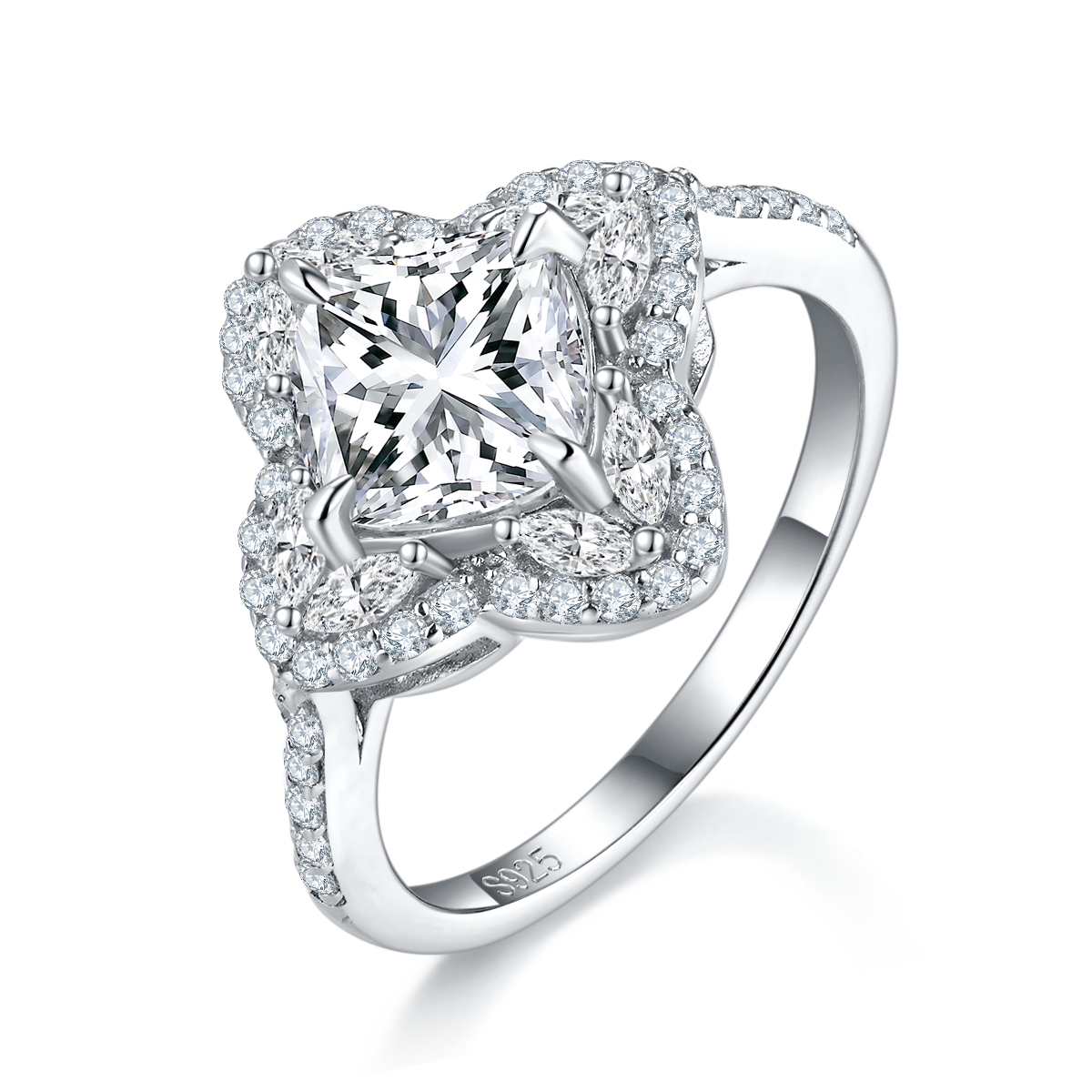 Pillow shaped luxury women's ring S925 silver plated platinum customized selection main stone moissanite diamond 2.0ct/secondary stone high carbon diamond